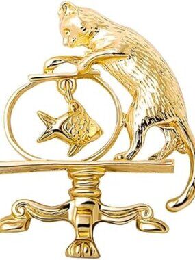 Gold Tone Cat with Fishbowl Brooch Dangling Fish Lapel Pin